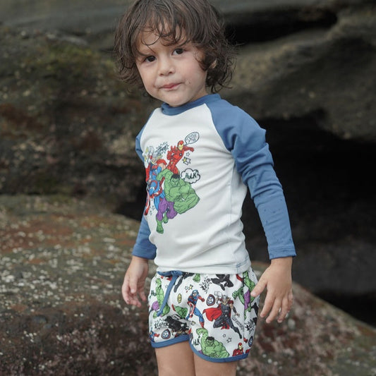 Marvel Avengers Summertide Doodle Hero Boys Long-Sleeve Rash Guard Set