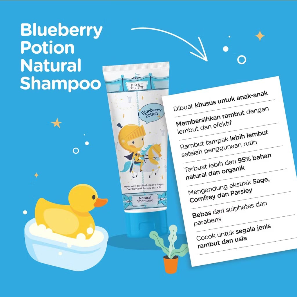Pout Care - Natural Shampoo Untuk anak-anak with Blueberry Potion and Strawberry Magic